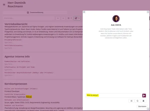 askONYA Assistenten-Panel — kontextuelle KI-Unterstützung ohne den Workflow zu verlassen.